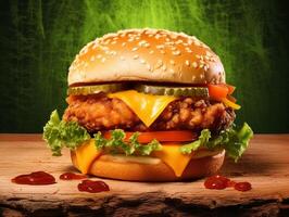 AI generated Food for fast food in form of delicious hot homemade burger with meat cutlet and vegetables photo