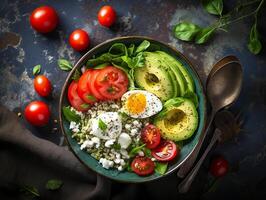 AI generated Salmon poke bowl avocado cherry egg and rice on dark background with chopsticks photo