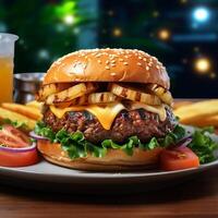 AI generated Food for fast food in form of delicious hot homemade burger with meat cutlet and vegetables photo