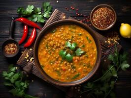 AI generated Traditional indian soup lentils. indian dhal spicy curry in bowl, spices, herbs, rustic black wooden table photo