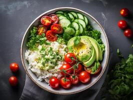 AI generated Salmon poke bowl avocado cherry egg and rice on dark background with chopsticks photo