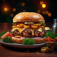 ai generado comida para rápido comida en formar de delicioso caliente hecho en casa hamburguesa con carne chuleta y vegetales foto