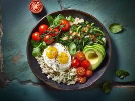 AI generated Salmon poke bowl avocado cherry egg and rice on dark background with chopsticks photo