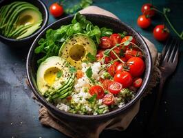 AI generated Salmon poke bowl avocado cherry egg and rice on dark background with chopsticks photo