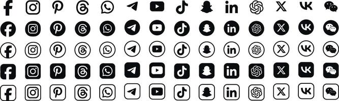 All social media icons button. social media logo , facebook, instagram, x, threads, youtube, whatsapp, snapchat, tiktok, threads, chatgpt, icon - social network contact us icon set. vector
