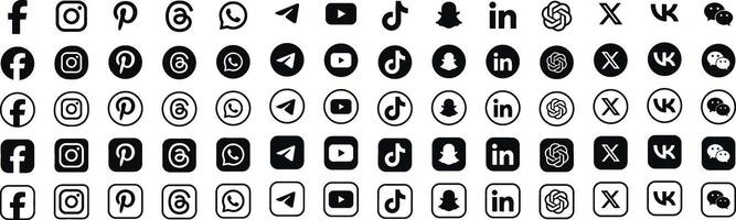 All social media icons button. social media logo , facebook, instagram, x, threads, youtube, whatsapp, snapchat, tiktok, threads, chatgpt, icon - social network contact us icon set. vector