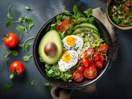 AI generated Salmon poke bowl avocado cherry egg and rice on dark background with chopsticks photo