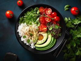 AI generated Salmon poke bowl avocado cherry egg and rice on dark background with chopsticks photo
