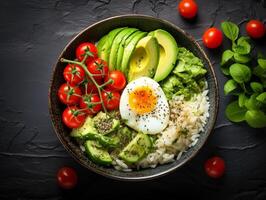 AI generated Salmon poke bowl avocado cherry egg and rice on dark background with chopsticks photo