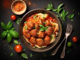 AI generated Penne pasta with meatballs in tomato sauce in a white bowl photo