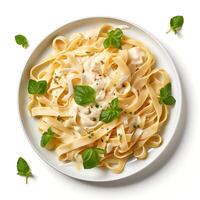 AI generated Top view fettucine with alfredo sauce on white background photo