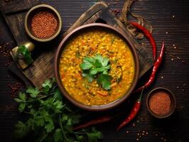 ai generado tradicional indio sopa lentejas indio dhal picante curry en bol, especias, hierbas, rústico negro de madera mesa foto