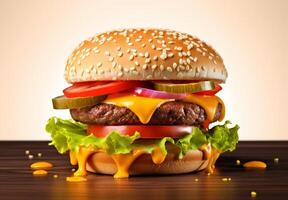 AI generated Food for fast food in form of delicious hot homemade burger with meat cutlet and vegetables photo