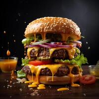 AI generated Food for fast food in form of delicious hot homemade burger with meat cutlet and vegetables photo