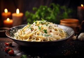 AI generated Top view fettucine with alfredo sauce on white background photo