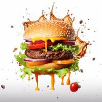 ai generado comida para rápido comida en formar de delicioso caliente hecho en casa hamburguesa con carne chuleta y vegetales foto