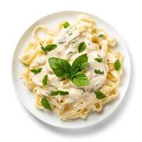 AI generated Top view fettucine with alfredo sauce on white background photo