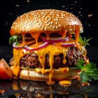 AI generated Food for fast food in form of delicious hot homemade burger with meat cutlet and vegetables photo