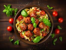 AI generated Penne pasta with meatballs in tomato sauce in a white bowl photo