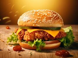 AI generated Food for fast food in form of delicious hot homemade burger with meat cutlet and vegetables photo