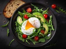 AI generated Brunch or lunch plate with oatmeal chicken meatloaf cucumber and green herbs health food top view overhead photo