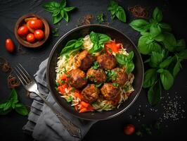 AI generated Penne pasta with meatballs in tomato sauce in a white bowl photo