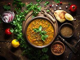 AI generated Traditional indian soup lentils. indian dhal spicy curry in bowl, spices, herbs, rustic black wooden table photo