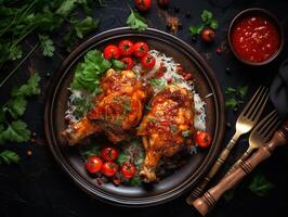 AI generated Grilled chicken drumsticks or legs or roasted bbq with spices and tomato salsa sauce on a black plate. top view with copy photo