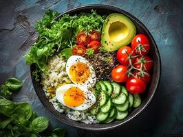 AI generated Salmon poke bowl avocado cherry egg and rice on dark background with chopsticks photo