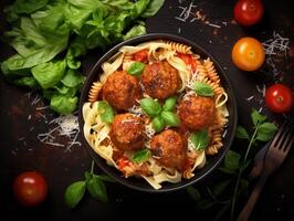 AI generated Penne pasta with meatballs in tomato sauce in a white bowl photo