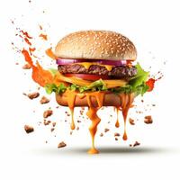 AI generated Food for fast food in form of delicious hot homemade burger with meat cutlet and vegetables photo