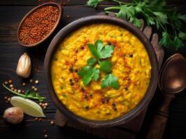 AI generated Traditional indian soup lentils. indian dhal spicy curry in bowl, spices, herbs, rustic black wooden table photo