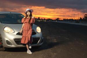 Fashion Portrait Of Beautiful Woman   Vintage Car  Freedom And Luxury During  Road Trip photo