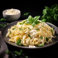 AI generated Top view fettucine with alfredo sauce on white background photo