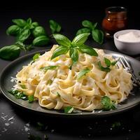 AI generated Top view fettucine with alfredo sauce on white background photo