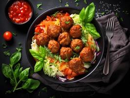 AI generated Penne pasta with meatballs in tomato sauce in a white bowl photo