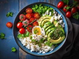 AI generated Salmon poke bowl avocado cherry egg and rice on dark background with chopsticks photo