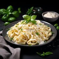 AI generated Top view fettucine with alfredo sauce on white background photo