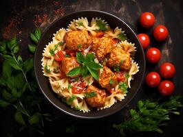 AI generated Penne pasta with meatballs in tomato sauce in a white bowl photo