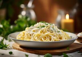 AI generated Top view fettucine with alfredo sauce on white background photo