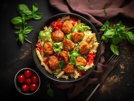 AI generated Penne pasta with meatballs in tomato sauce in a white bowl photo