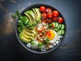 AI generated Salmon poke bowl avocado cherry egg and rice on dark background with chopsticks photo