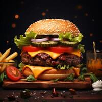 AI generated Food for fast food in form of delicious hot homemade burger with meat cutlet and vegetables photo