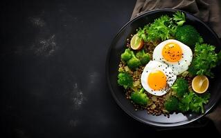 AI generated Brunch or lunch plate with oatmeal chicken meatloaf cucumber and green herbs health food top view overhead photo