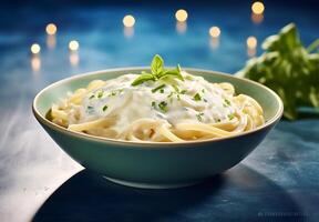 AI generated Top view fettucine with alfredo sauce on white background photo