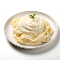 AI generated Top view fettucine with alfredo sauce on white background photo