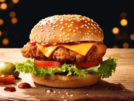 AI generated Food for fast food in form of delicious hot homemade burger with meat cutlet and vegetables photo