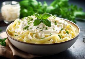 AI generated Top view fettucine with alfredo sauce on white background photo