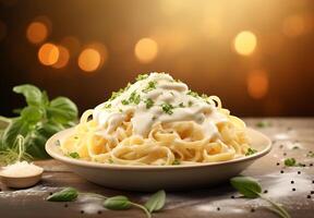 AI generated Top view fettucine with alfredo sauce on white background photo