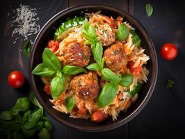 AI generated Penne pasta with meatballs in tomato sauce in a white bowl photo